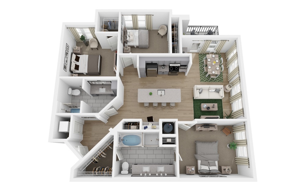C1-HC - 3 bedroom floorplan layout with 2 baths and 1438 square feet.